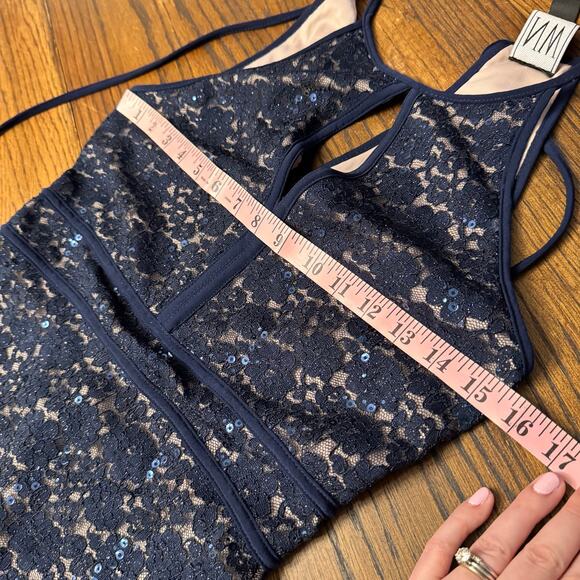 Nightway Navy Blue Lace Cocktail Dress Size 8 Sleeveless Sequin Halter Bodycon - Picture 9 of 13